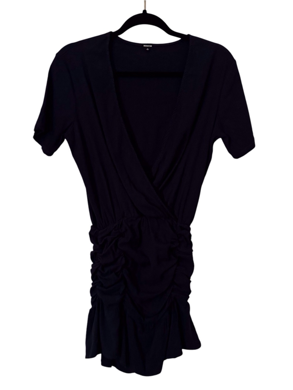 Monrow Size Medium Black Boho Mini Dress Western Ruffled Hem Ruched Woven Wrap